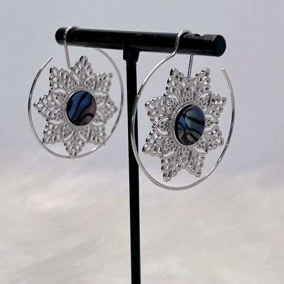 Silver Hoop Earrings Flower Shape Synthetic Gems Pendant Jewelry - Picture 1 of 5